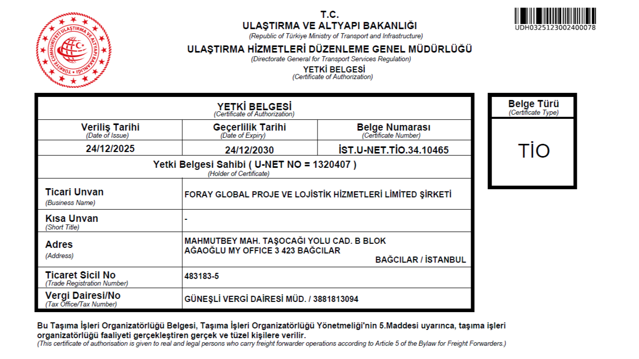 FORAY GLOBAL PROJE VE LOJISTIK HIZMETLERI LIMITED SIRKETITIO