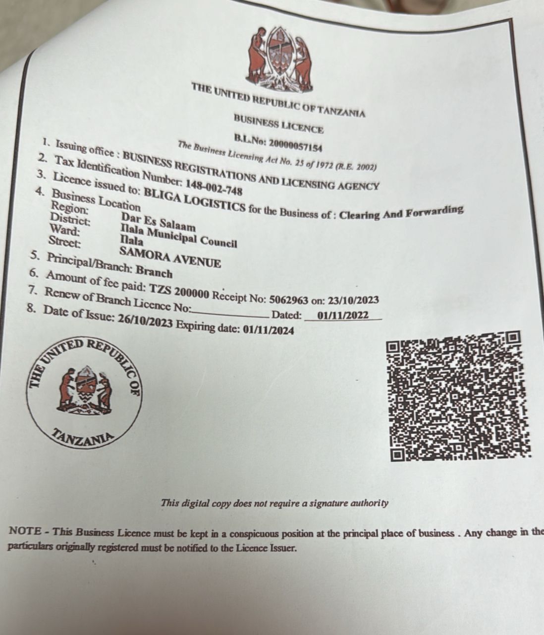 BLIGA LOGISTICS COMPANY LTDBUSINESS LICENCE