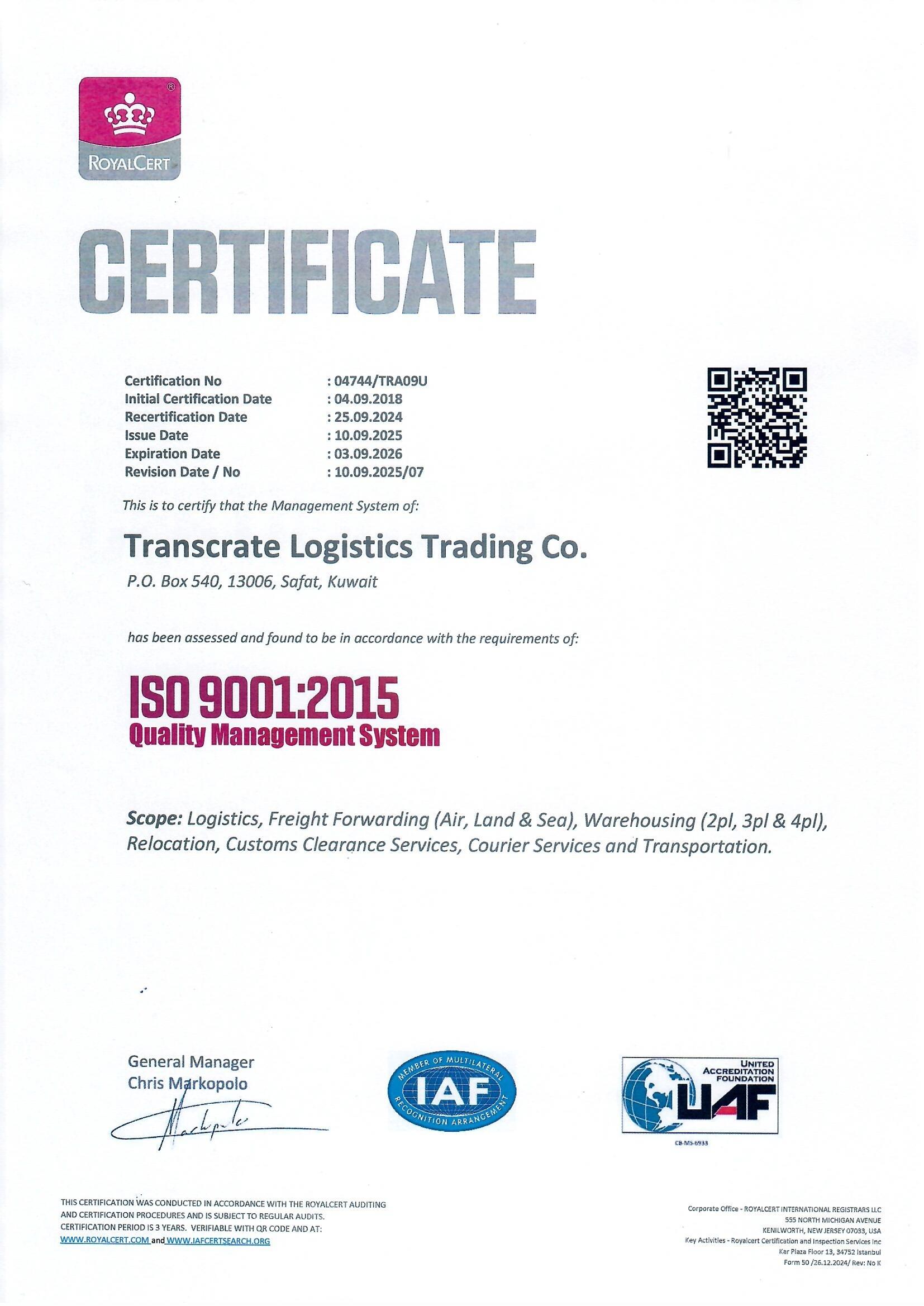TRANSCRATE INTERNATIONAL LOGISTICS L.L.C