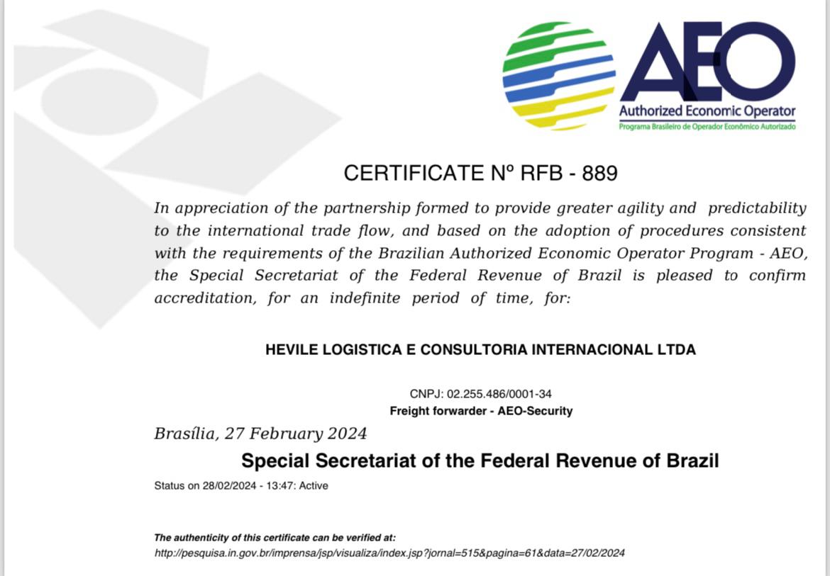 HEVILE LOGISTICA E CONSULTORIA INTERNACIONAL LTDAAEO CERTIFICATE