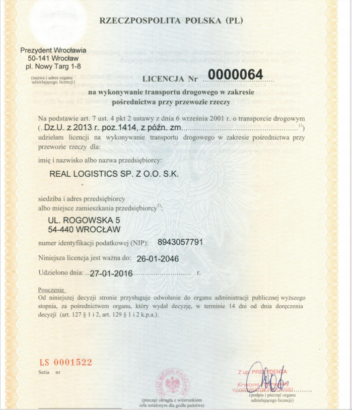 Real Logistics Sp. z o.o. Sp. K.Freight license