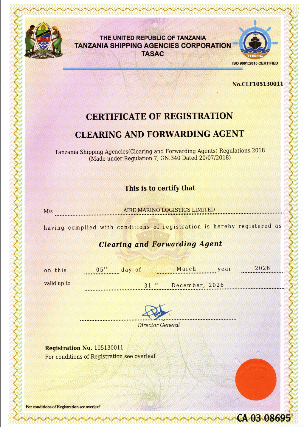 AIRE MARINO LOGISTICS LIMITEDTASAC LICENSE