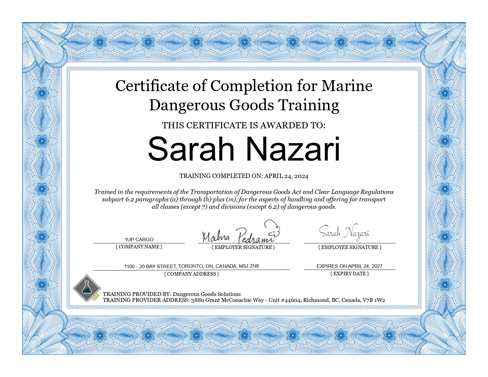 1UP CARGO INC.Marine DG Certificate