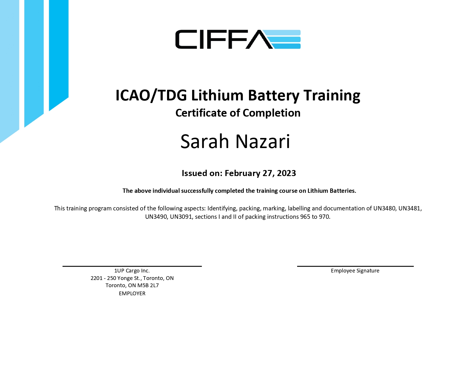 1UP CARGO INC.Lithium Battery Cert