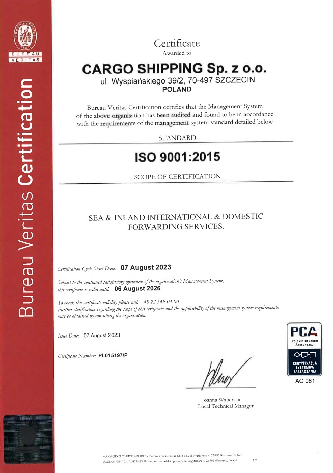 Cargo Shipping Sp. z o.o.ISO9001-ENG