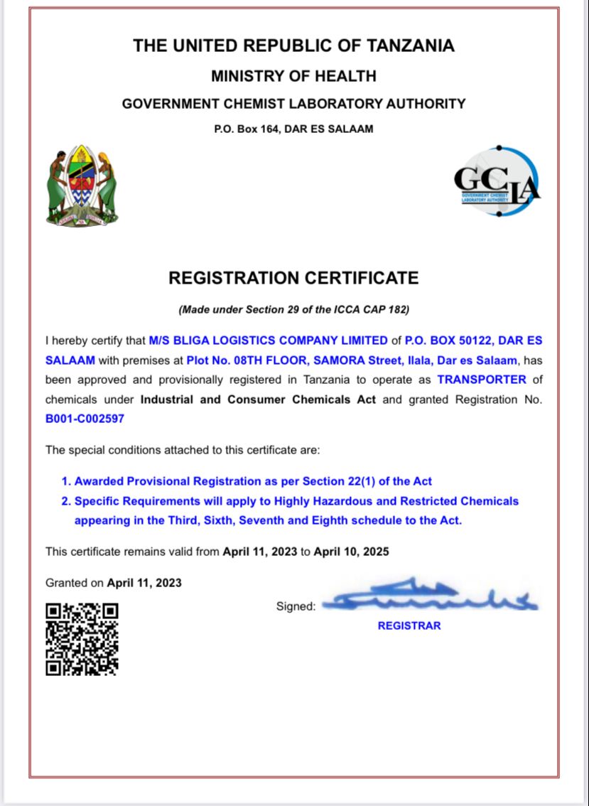 BLIGA LOGISTICS COMPANY LTDGCLA CHEMICAL CERTIFICATE