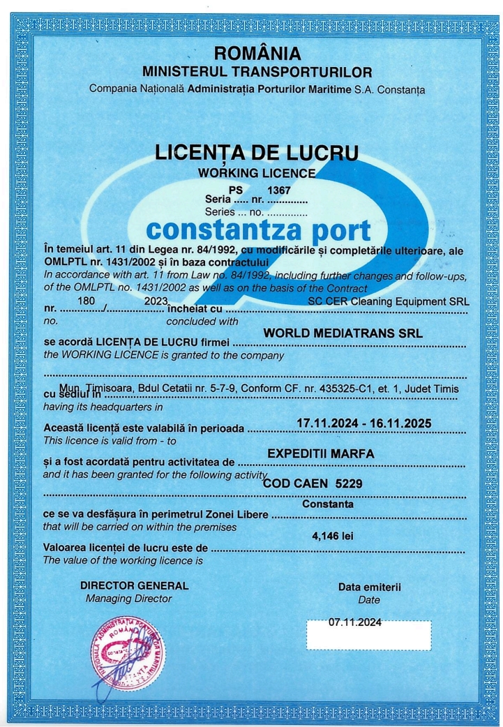 WORLD MEDIATRANS SRLPort Work License