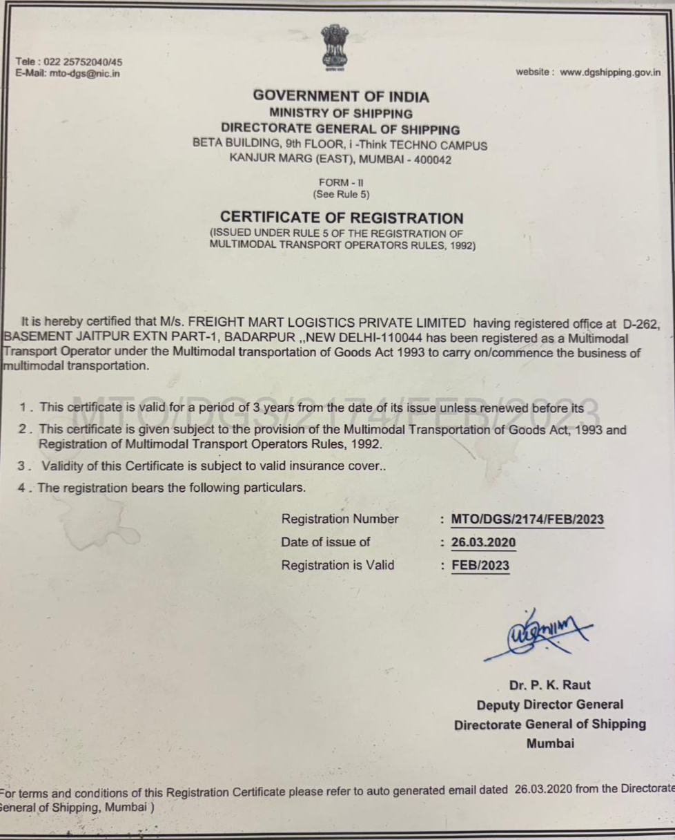 FREIGHT MART LOGISTICS PRIVATE LIMITEDCertificates