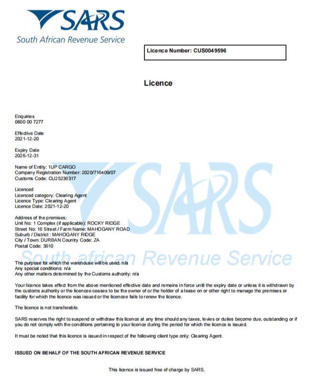 1UP CARGOCustoms Clearing Licence