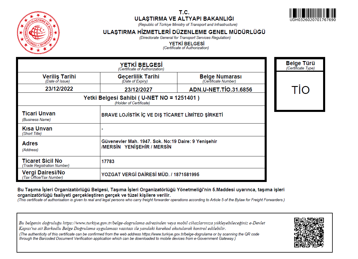 BRAVE LOJISTIK IC VE DIS TICARET LIMITED SIRKETIFreight Forwarder License