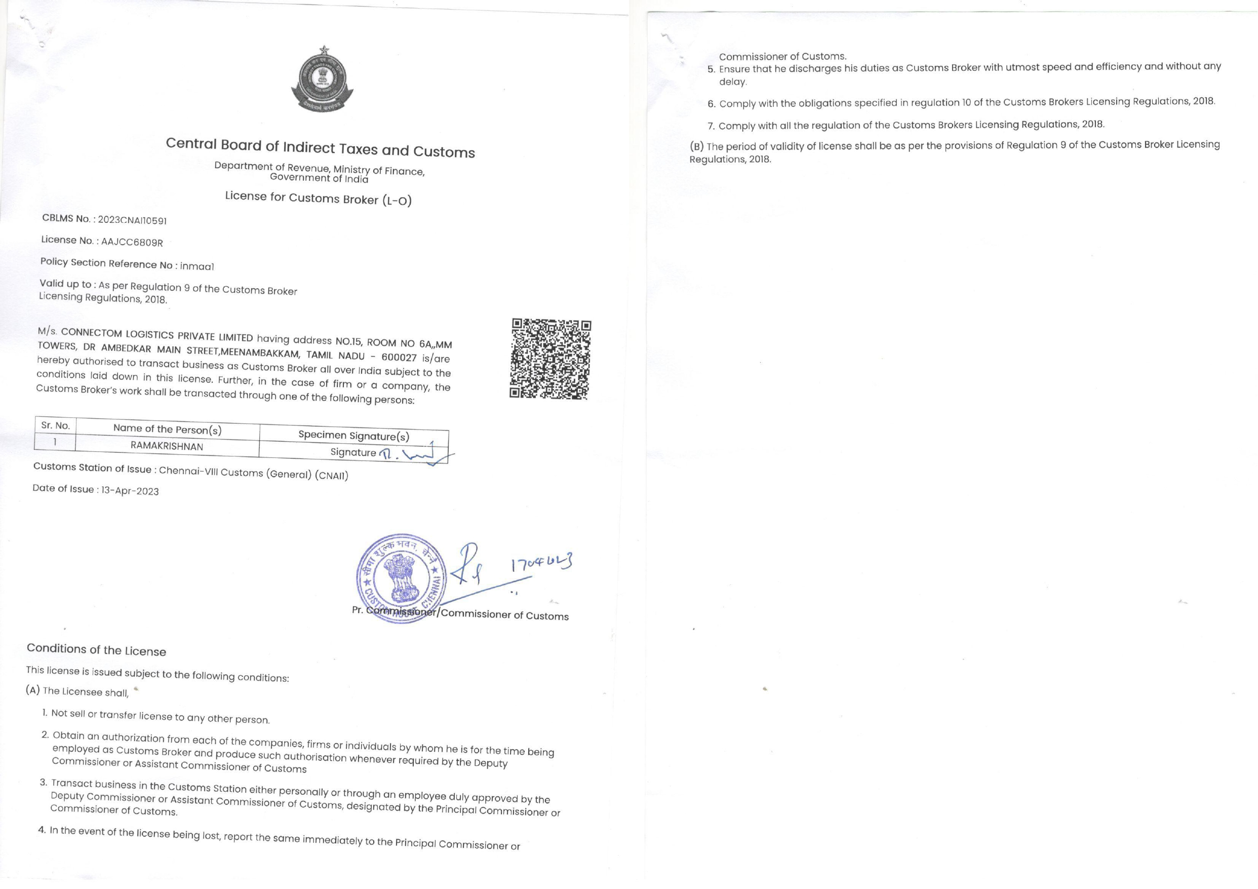 CONNECTOM LOGISTICS PRIVATE LIMITEDCUSTOMS BROKER LICENSE