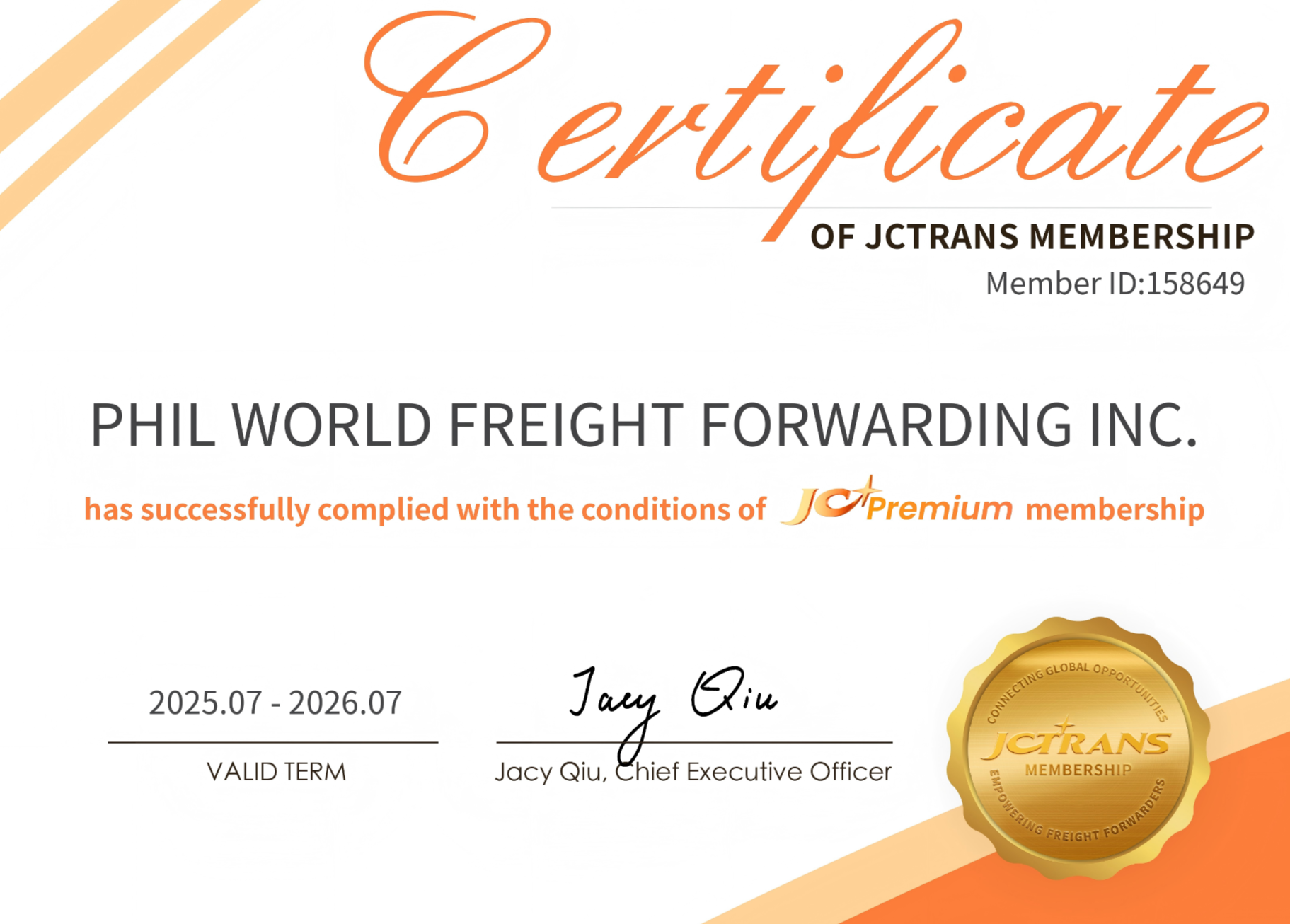 PHIL WORLD FREIGHT FORWARDING INC.membership certificate