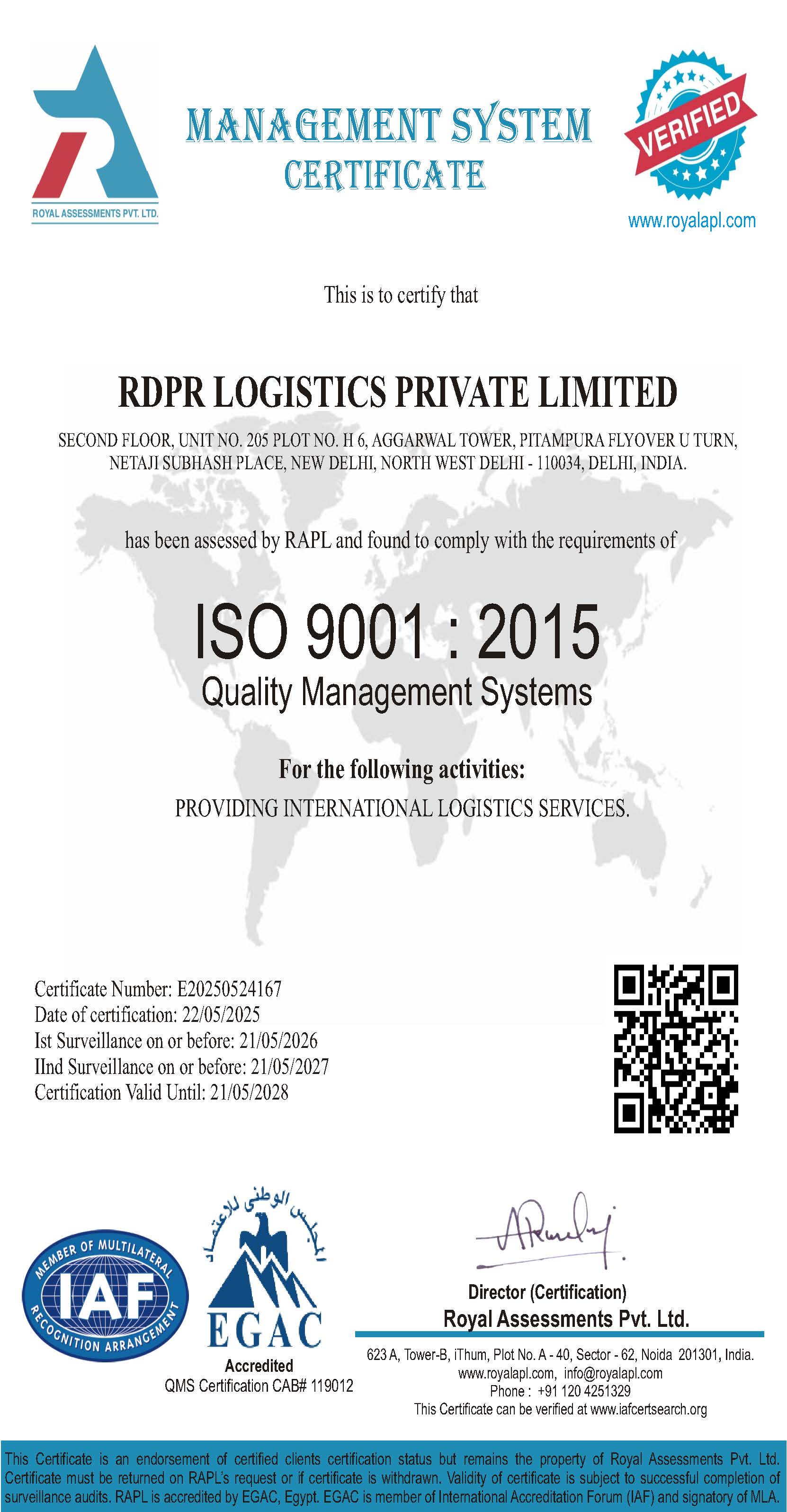 RDPR LOGISTICS PVT LTDISO CERTIFICATE