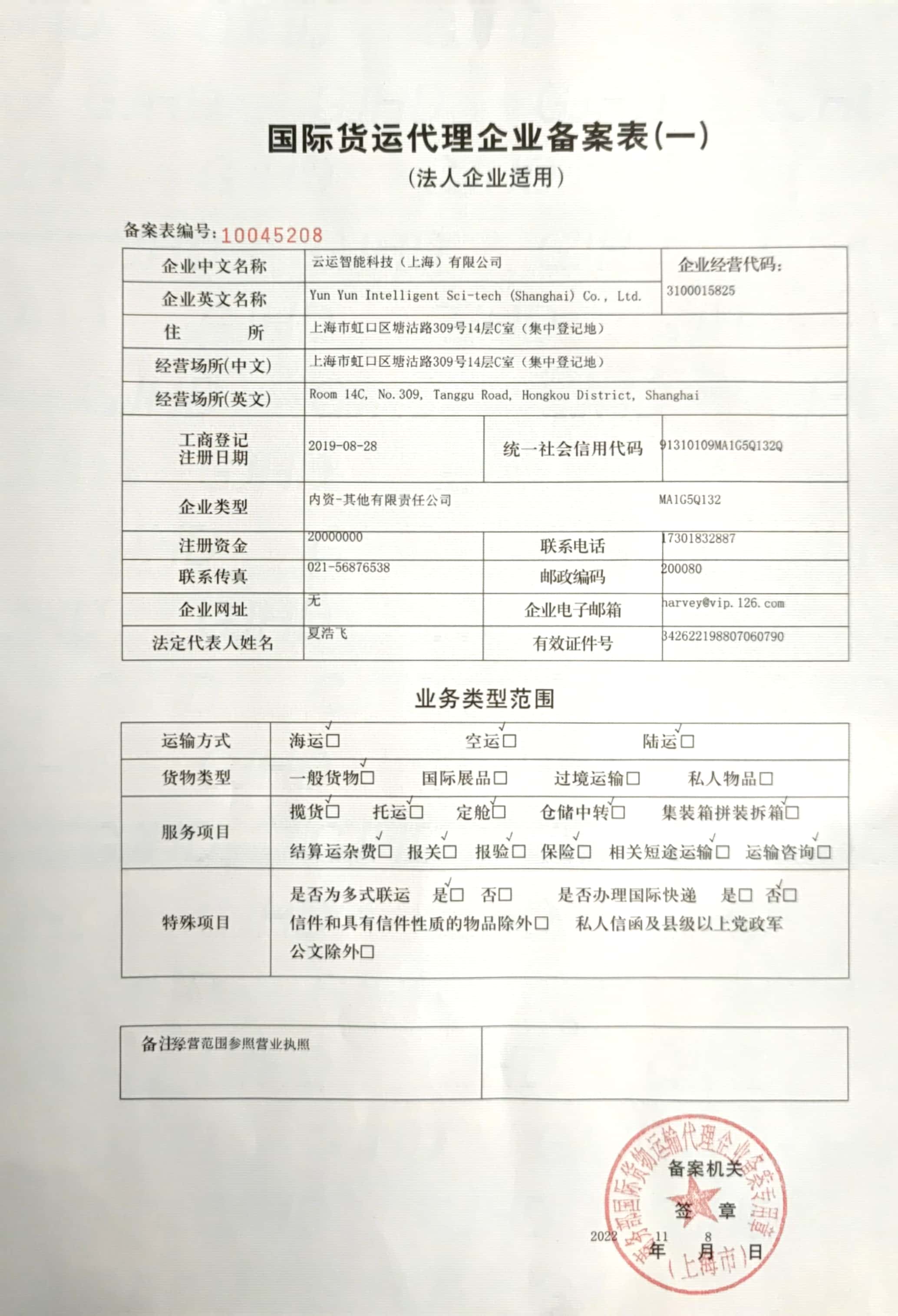 Yun Yun Intelligent Sci-tech (Shanghai) Co., Ltd.Record