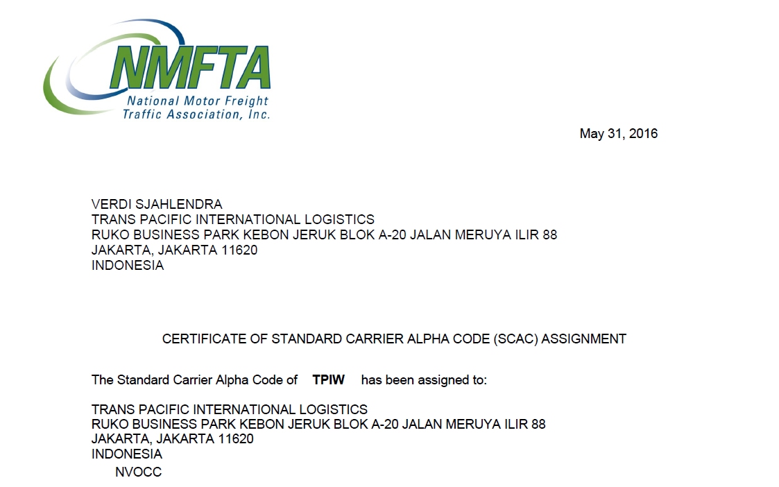 PT TRANS PACIFIC INTERNATIONAL LOGISTICSSCAC Code