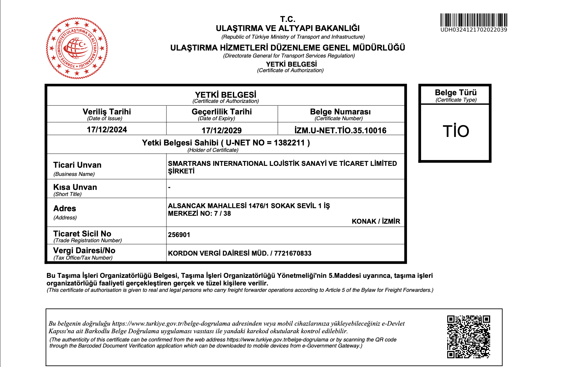 SMARTRANS INTERNATIONAL LOJISTIK SANAYI VE TICARET LIMITED SIRKETITio
