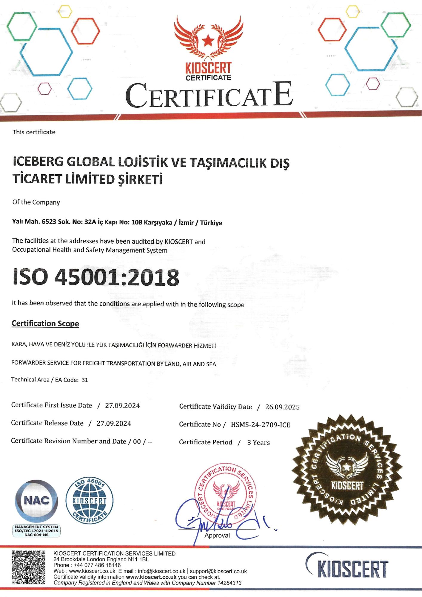 ICEBERG GLOBAL LOJISTIK VE TASIMACILIK DIS TICARET LIMITED SIRKETIISO 45001