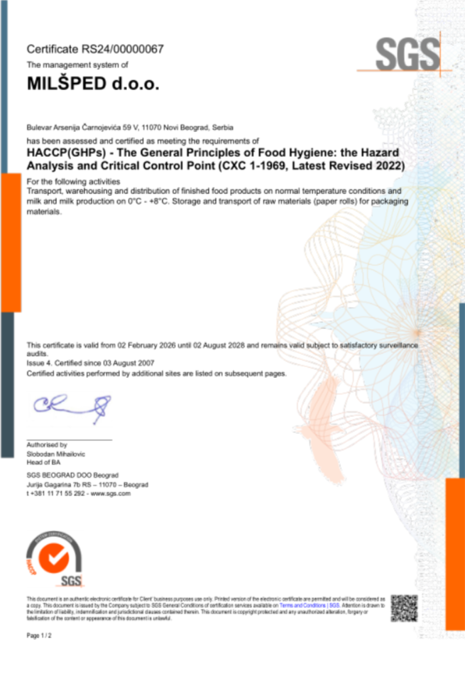 MILSPED DOO BEOGRADHACCP