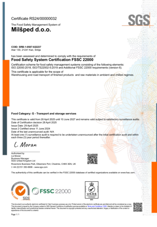 MILSPED DOO BEOGRADFSSC 22000