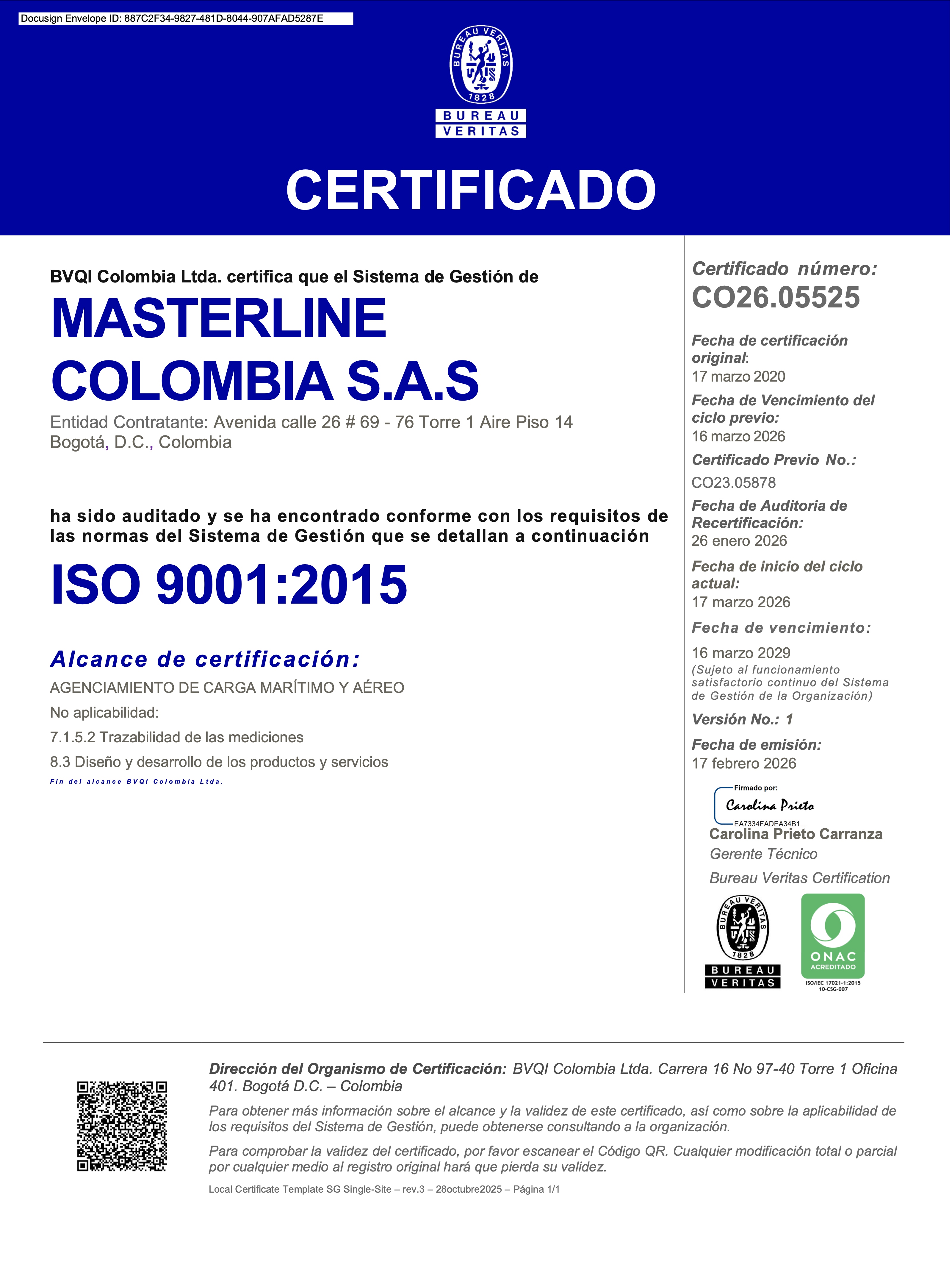 MASTERLINE COLOMBIA S A SISO 9001:2015
