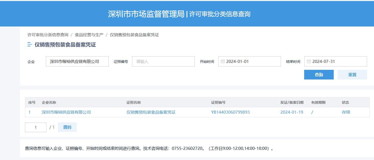 SHENZHEN HARVEST SUPPLY CHAIN CO.,LTDFOOD LICENSE FILING FORM