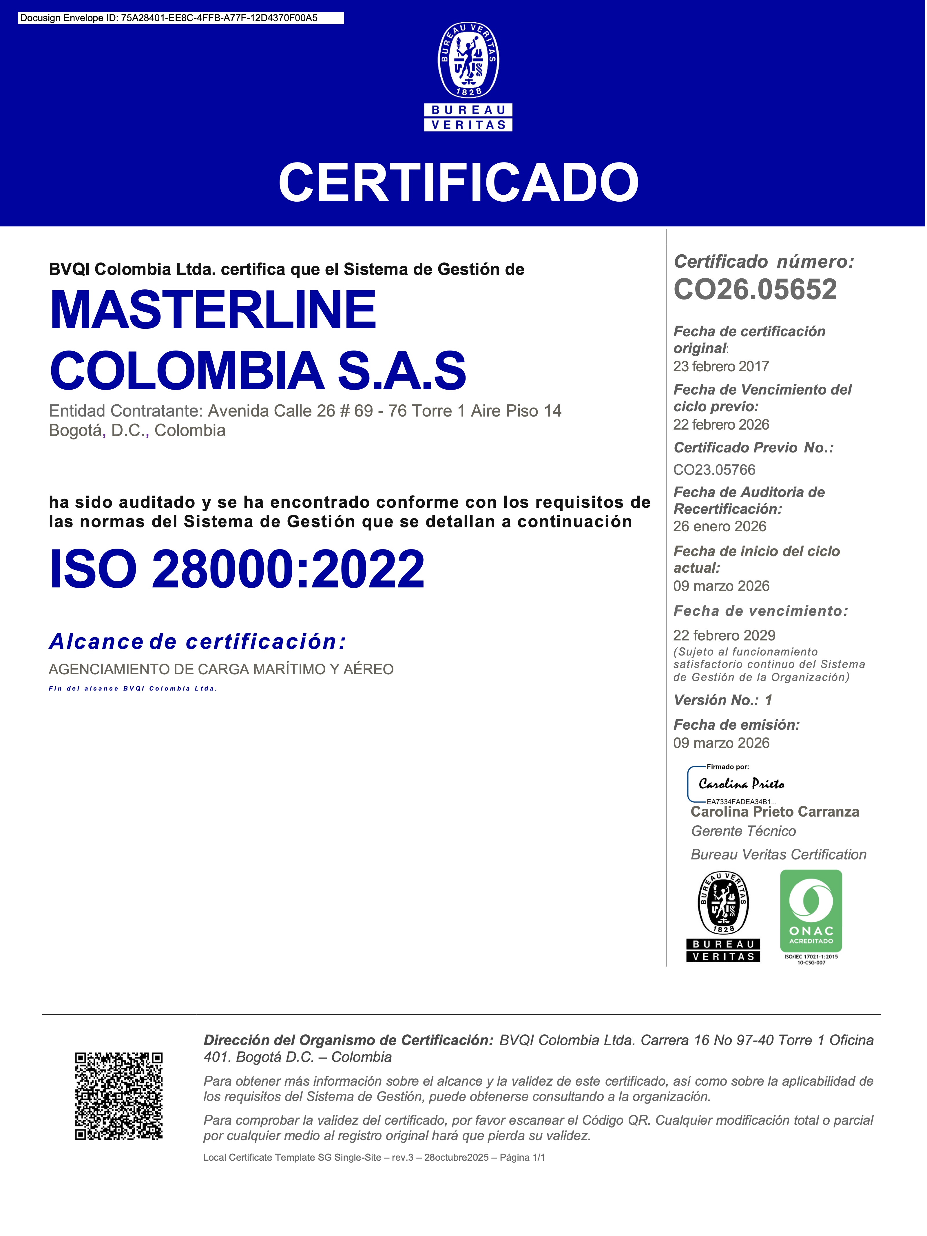 MASTERLINE COLOMBIA S A SISO 28000:2022