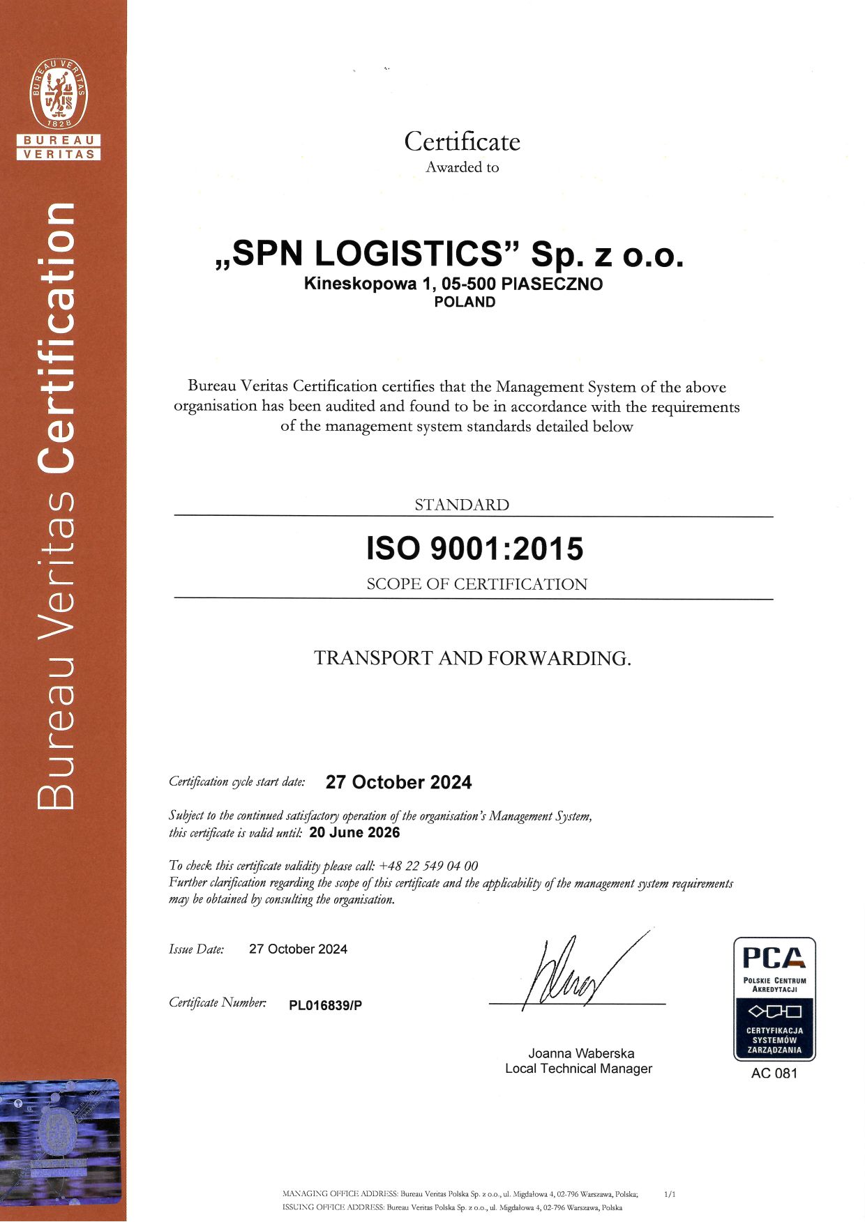 SPN Logistics sp. z o.o.ISO 9001 Bureau Veritas