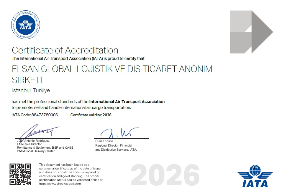 ELSAN GLOBAL LOGISTIK VE DIS TICARET ANONIM SIRKETIIATA CERTIFICATE