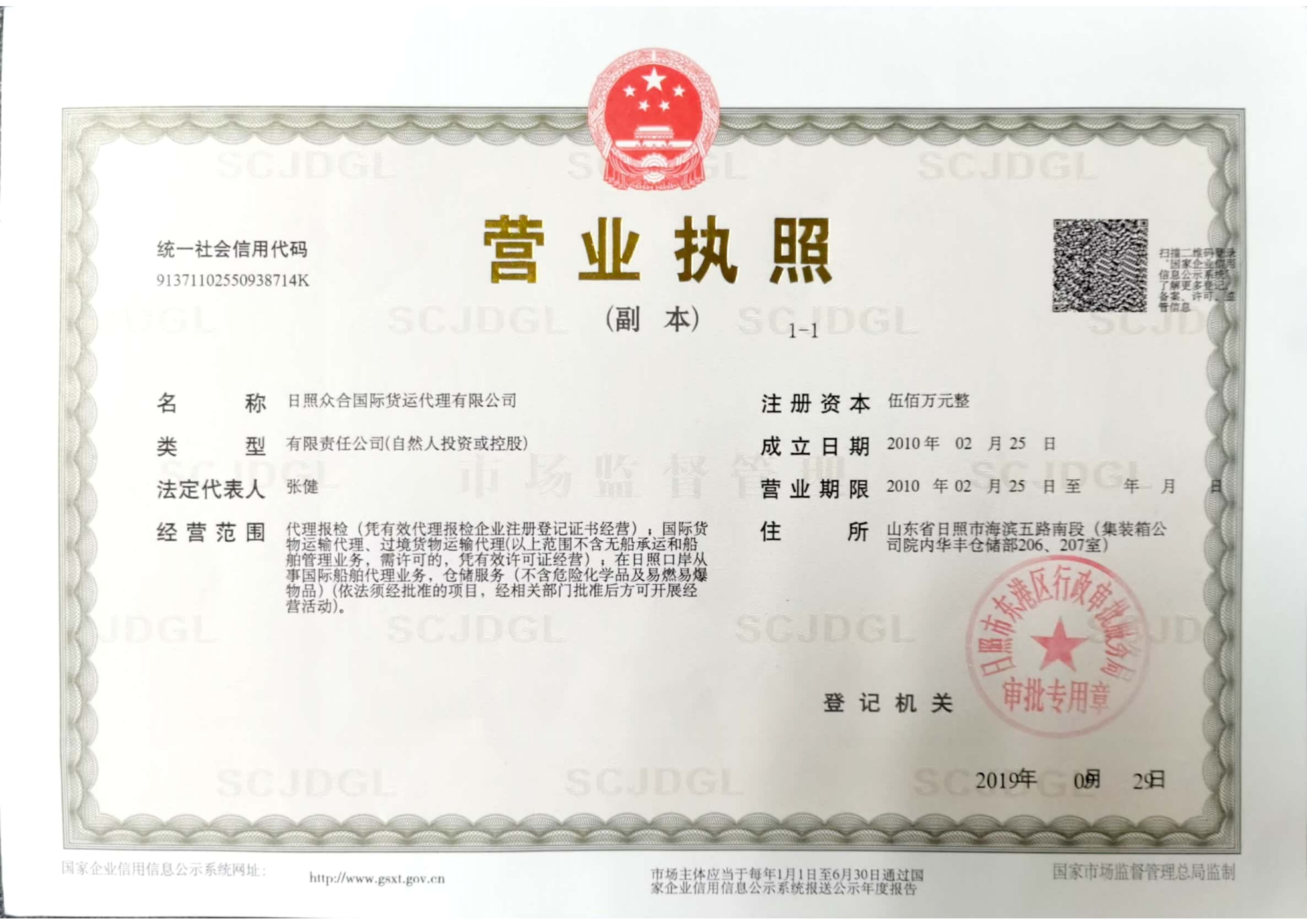 RIZHAO ZHONGHE INL'L TRANSPORTATION AGENCY CO.,LTDBusiness license