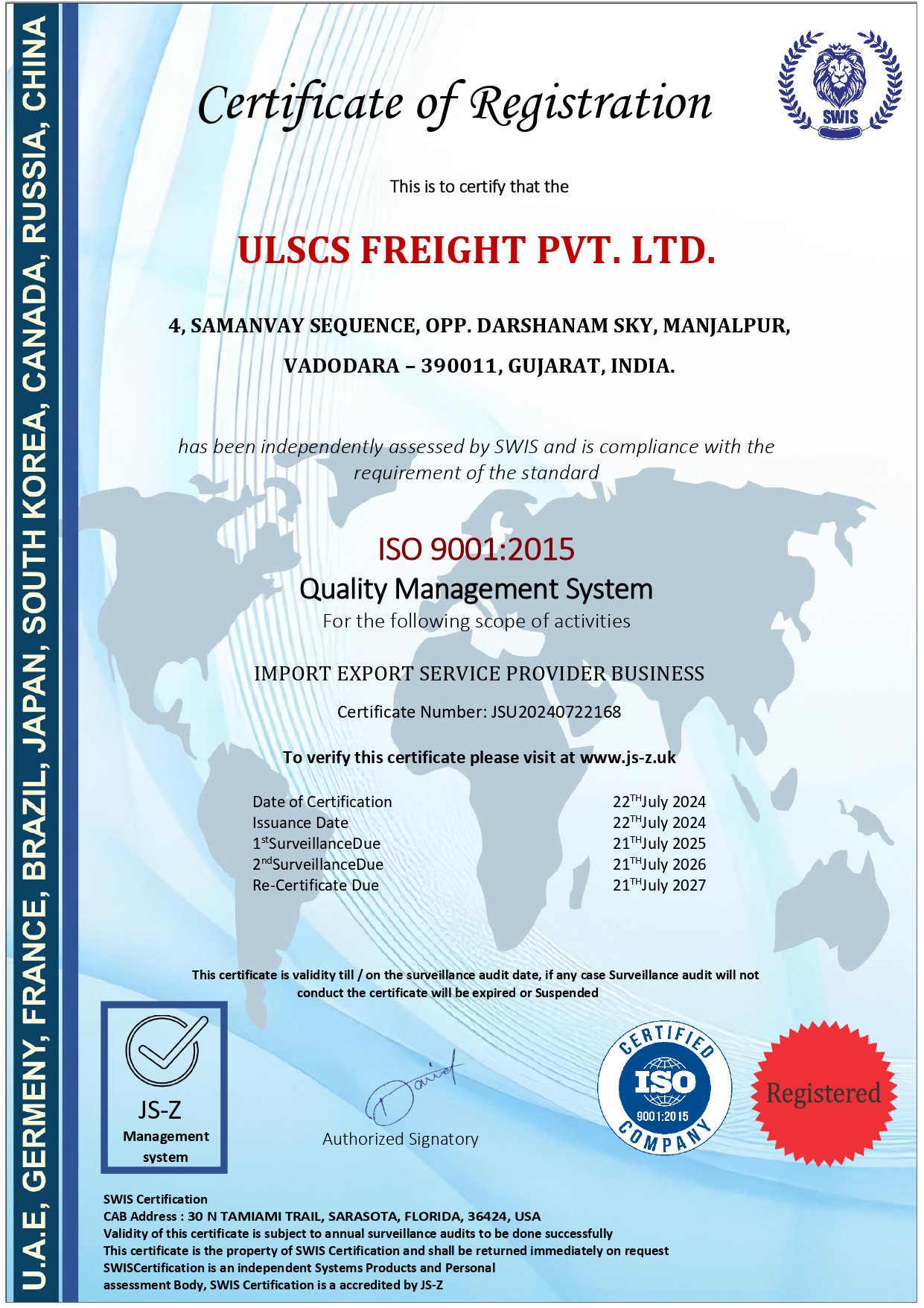 ULSCS FREIGHT PVT LTDISO 9001: 2015