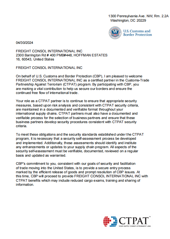 FREIGHT CONSOL INTERNATIONAL Inc.CTPAT