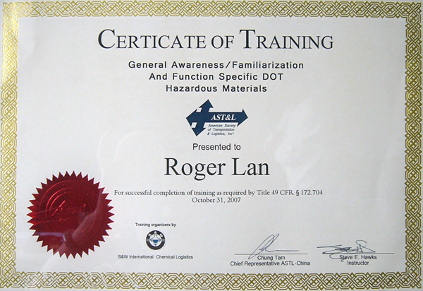 CHIEF INTERNATIONAL TRANSPORTATION CO., LTD.Training Certificate