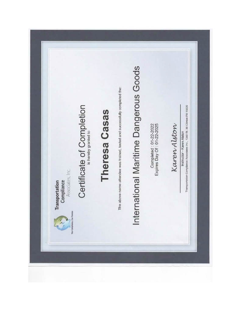 UNION LOGISTICS OF FLORIDA LLCHAZMAT OCEAN CERTIFICATE