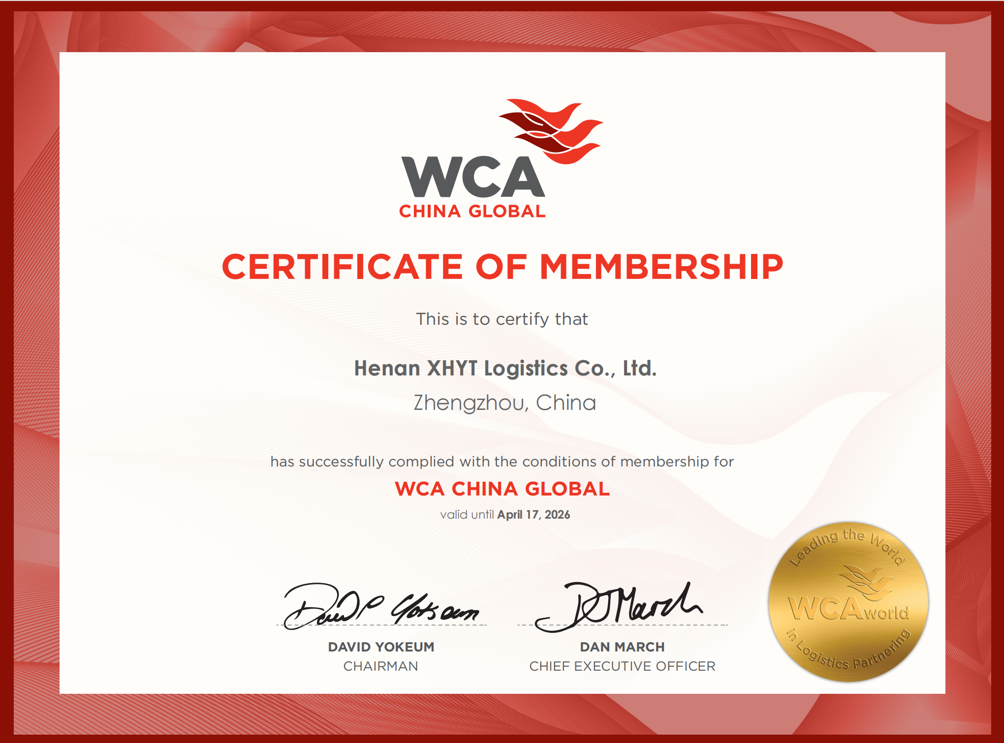 HENAN XHYT LOGISTICS CO.,LTDWCA