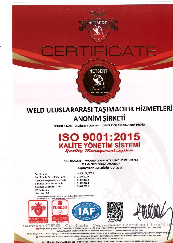 WELD ULUSLARARASI TASIMACILIK HIZ. A.S.ISO 9001