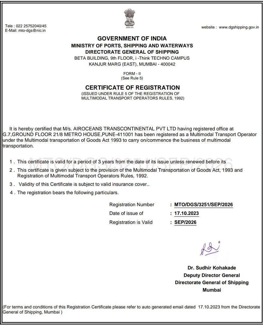AIROCEANS TRANSCONTINENTAL PRIVATE LIMITEDMTO LICENCE