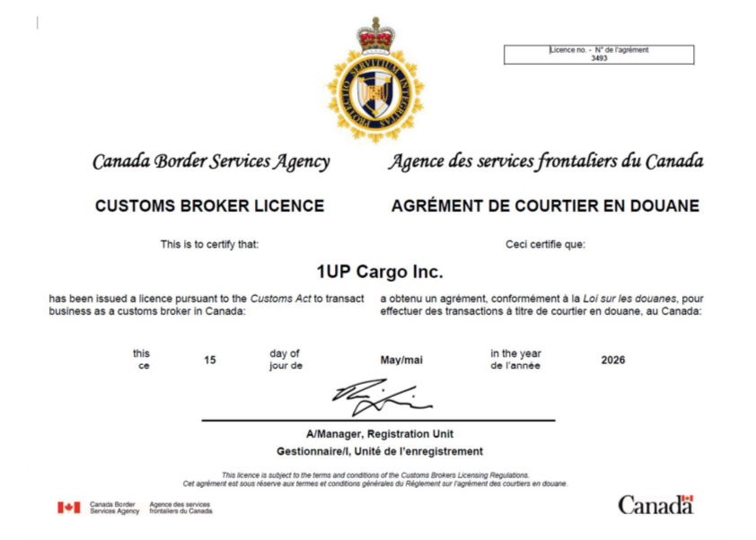 1UP CARGO INC.Customs Broker File