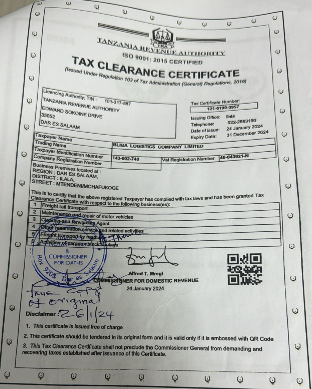 BLIGA LOGISTICS COMPANY LTDTAX CLERENCE