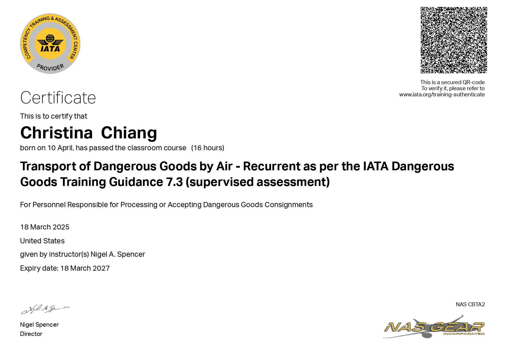 1UP CARGO INC.Air DG Certificate