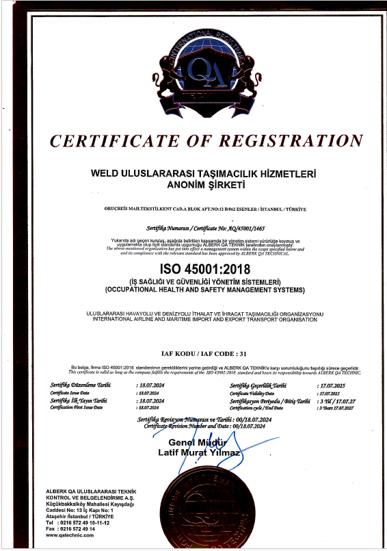 WELD ULUSLARARASI TASIMACILIK HIZ. A.S.ISO 45001