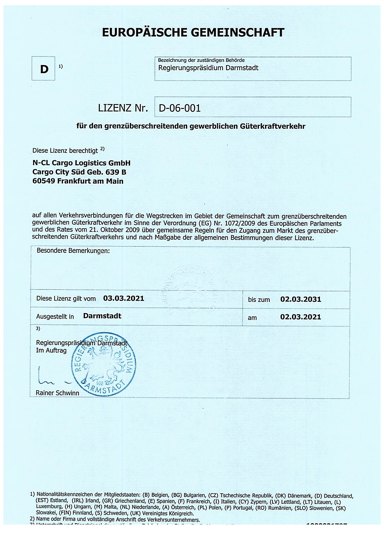 N-CL Cargo Logistics GmbHTRANSPORT LICENCE