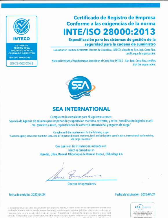 GRUPO LOGISTICO SEA INTERNATIONAL S.R.LISO28000:2013