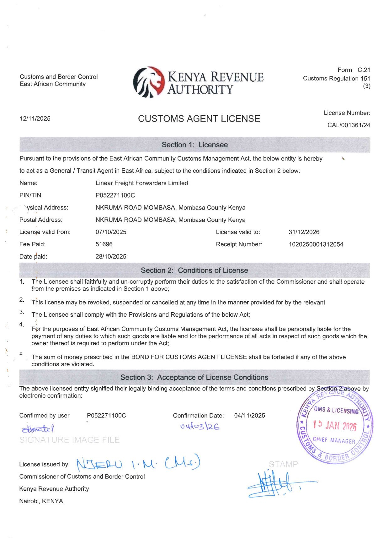 Linear Freight Forwarders LimitedCustoms License