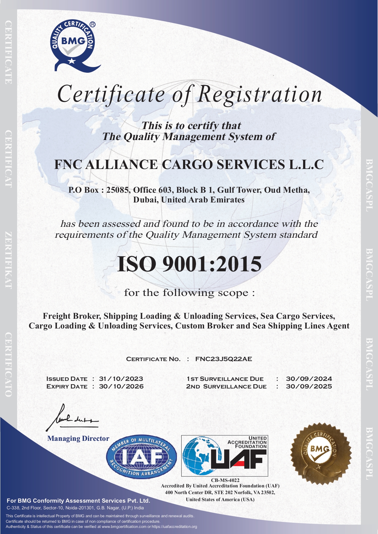 F N C ALLIANCE CARGO SERVICES L.L.CISO CERTIFICTAE