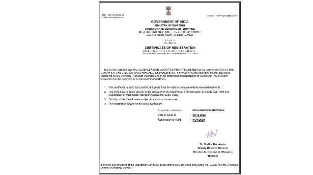 GLOBALBRIDGE LOGISTICS PRIVATE LIMITEDMTO Certificate