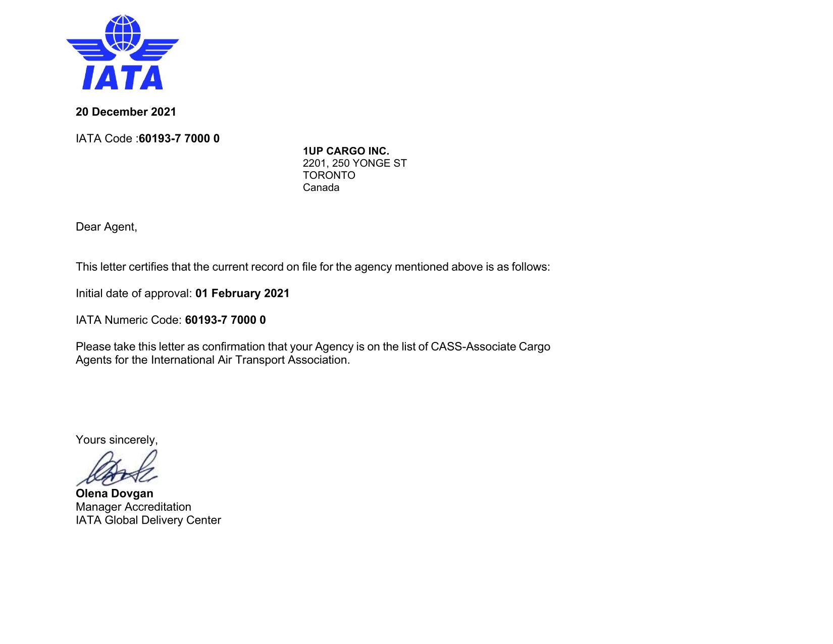 1UP CARGO INC.CASS Certificate