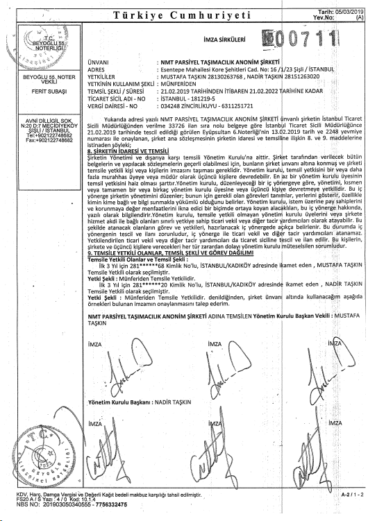 NMT Lojistik A.S.IMZA SIRKULERI
