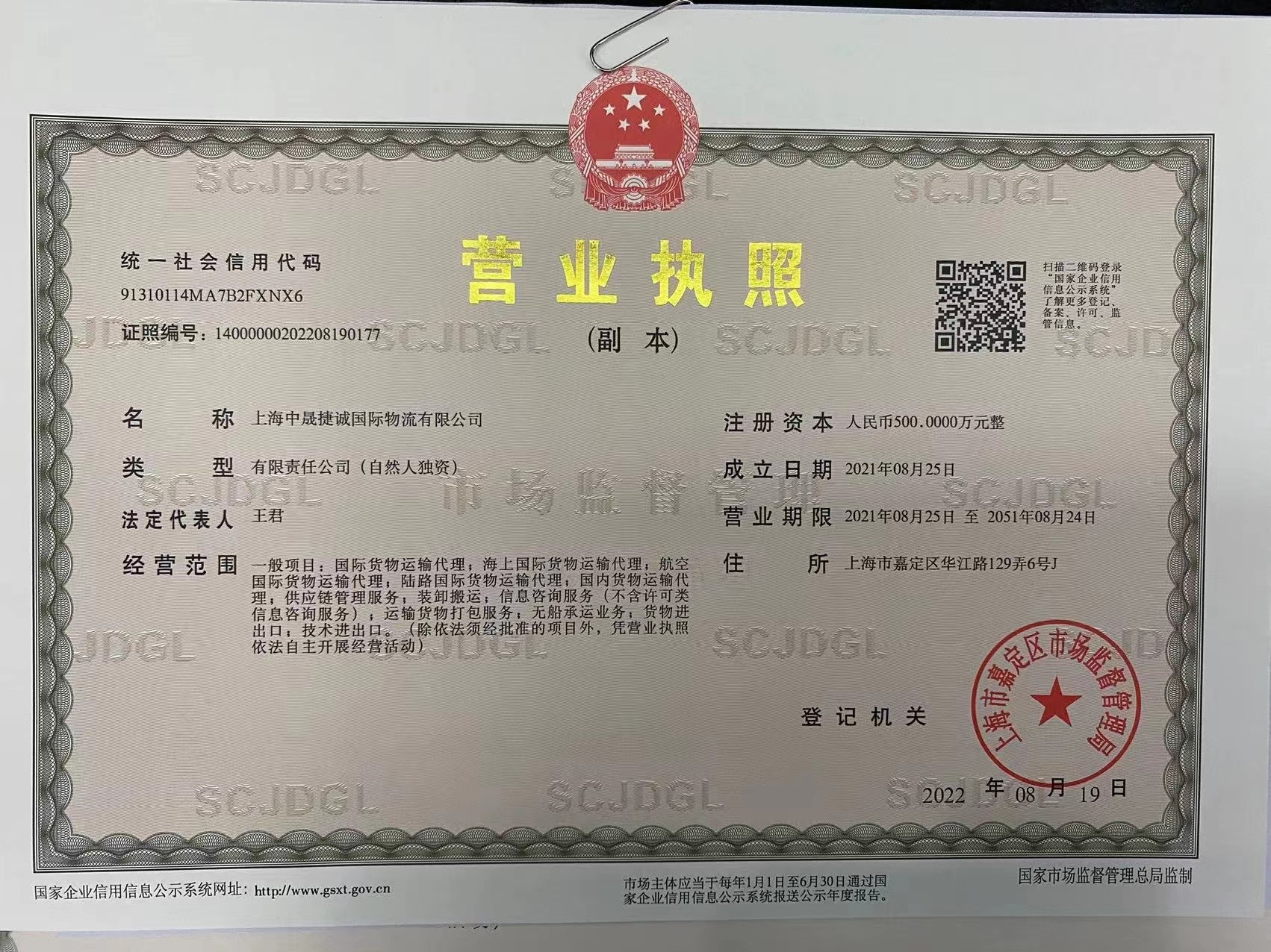 SHANGHAI ZHONG SHENG JIE CHENG INTERNATIONAL LOGISTICS CO. LTD